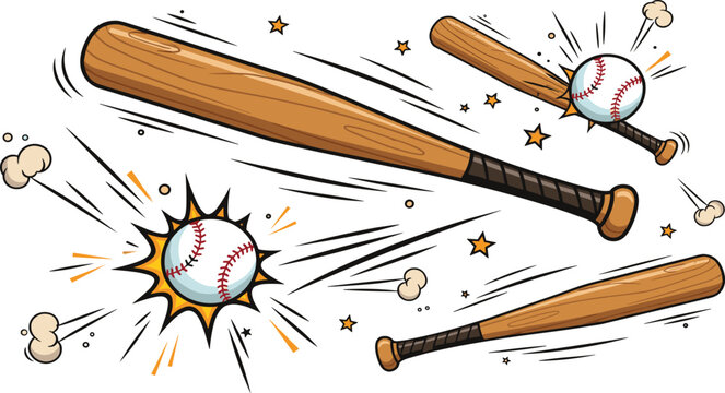 Baseball bat hitting ball vector illustration with dynamic motion lines, impact effects and sports action elements in bold cartoon style for athletic design