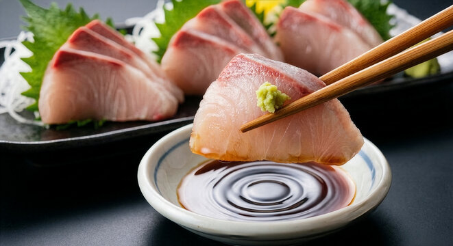 新鮮なわさびを添えたブリの刺身を箸で醤油に浸す、和食の贅沢な一品
