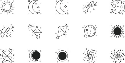 Obraz premium Space and astronomy line icons vector set featuring sun moon stars constellations planets and galaxy outline illustrations