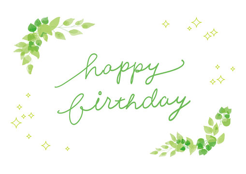 Happy Birthday handwritten lettering with green botanical decoration vector greeting design