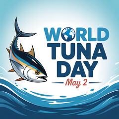 World tuna day illustration with tuna fish jumping out of water on blue ocean waves background