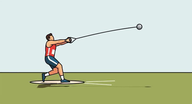 A cartoon athlete in mid-swing at the hammer throw competition