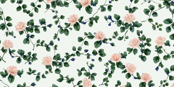 Delicate pink rose blossoms woven with trailing green vines and tiny blue berries in a seamless vintage watercolor repeat, creating a romantic, soft pastel botanical textile print