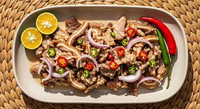 Dark glazed liver dish with chilies, onions, and calamansi on a rectangular platter