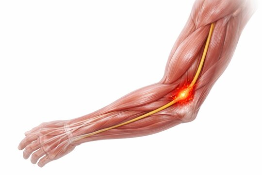 Anatomical visualization ulnar neuralgia elbow cubital tunnel nerve compression inside ghostly human limb representing acute burning arm pain pathological within clinical medical science visual