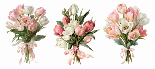 Fototapeta premium Three watercolor bouquets of pink and white tulips with green leaves, each tied with a complementary ribbon, delicate botanical illustrations evoking spring freshness and romantic charm
