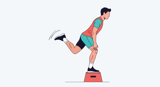 Man performs single leg step up exercise on a plyometric box in flat design