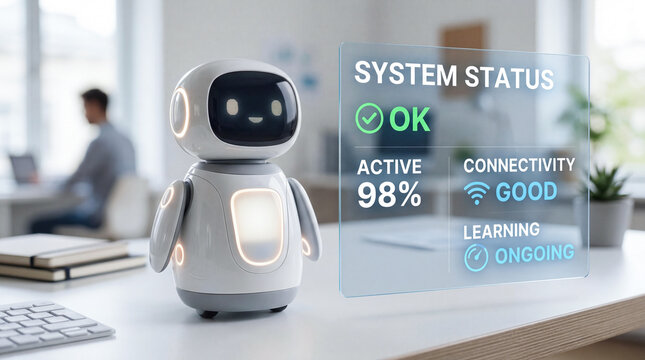 Small humanoid assistant robot standing on a desk with transparent digital status panel showing connectivity and activity indicators. Modern workplace technology and automation concept.