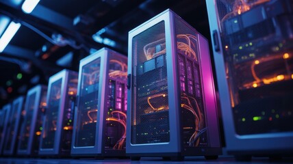 Obraz premium High performance computer servers in a data center with glowing lights inside