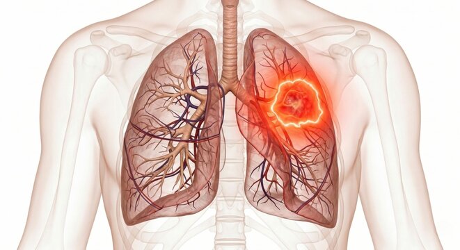 Lung disease CT diagnosis medical illustration showing abnormal pulmonary tissue region within bronchial anatomy representing respiratory disorder detection and clinical radiology evaluation concept