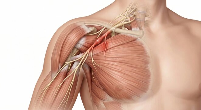Anatomical visualization brachial neuralgia shoulder neck nerve plexus compression inside ghostly human torso representing acute severe shooting arm pain pathological within clinical medical science