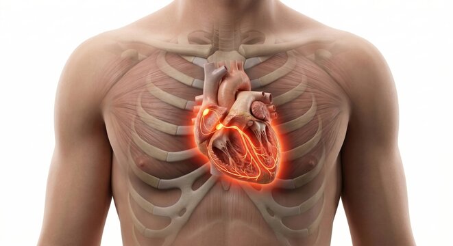 Cardiac ECG diagnosis medical illustration showing heart conduction system and coronary circulation representing cardiology rhythm monitoring and cardiovascular disease detection concept