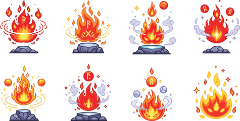 Fire flame magic effects vector set with burning elements, sparks, smoke, glowing energy and fantasy fire icons in vibrant cartoon illustration style for design © Aminul