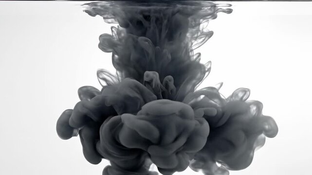 Black ink disperses in water, creating swirling patterns and cloud-like formations, captured in three sequential frames showcasing the fluid dynamics in a clear environment