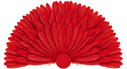 Naklejka premium Symmetrical arrangement of vibrant red feathers fanned out in a semi circle shape against a clean white background with a central round base