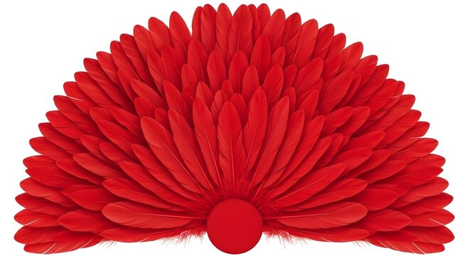 Symmetrical arrangement of vibrant red feathers fanned out in a semi circle shape against a clean white background with a central round base