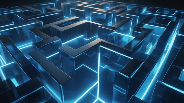 Navigating a Futuristic Labyrinth with Glowing Blue Neon Lights.