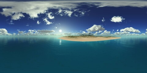 Tropical island with a palm tree at sunset. HDRI, environment map , Round panorama, spherical panorama, equidistant projection, panorama 360, seascape, 3d rendering. © ustas