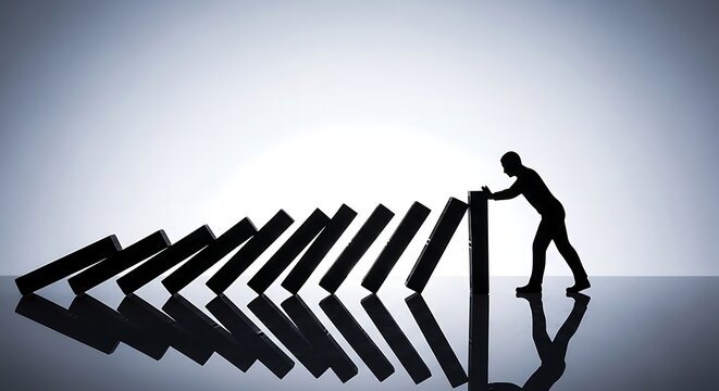 Silhouette of person stopping dominoes from falling, business concept