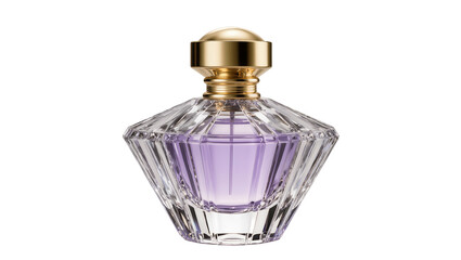 Obraz premium Elegant faceted glass perfume bottle with a luxurious gold cap and delicate purple liquid, isolated PNG on transparent background, luxury fragrance product