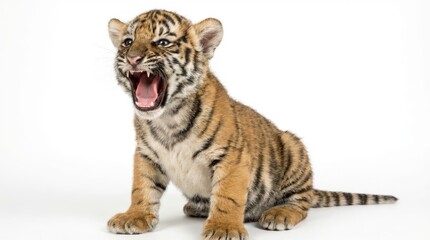Obraz premium Tiger cub roaring loudly forward.