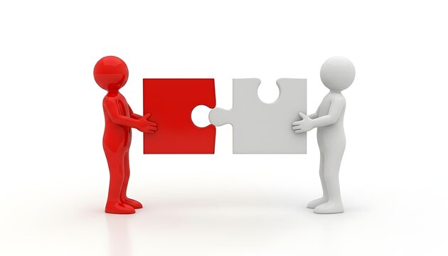 Teamwork concept: two 3D figures connect puzzle pieces