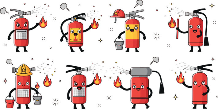 Cute fire extinguisher characters vector set with safety equipment mascots, firefighting actions, flames and emergency elements in playful cartoon illustration style
