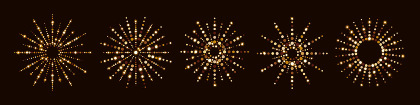 Abstract exploding festive firework isolated on black background. Geometric snowflakes made of sparkling glitter, sequins for banner, flyer, greeting card. Decorative element for New Year. EPS10