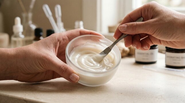 Hands mixing cosmetics in bowl, cosmetic cream mixing with smooth skincare cream texture for beauty laboratory background, skincare education material and cosmetic branding