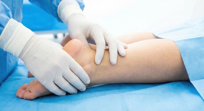 Surgeon palpating patient Achilles tendon in hospital