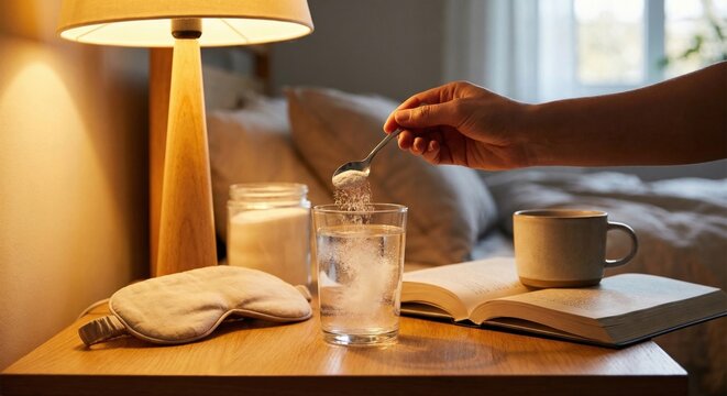 Hand pouring magnesium powder into water on bedside table