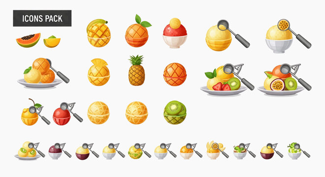 Colorful icons of various fruits and fruit squeezers on plates are shown.