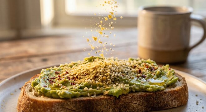 Sprinkling nutritional yeast and hemp seeds on avocado toast