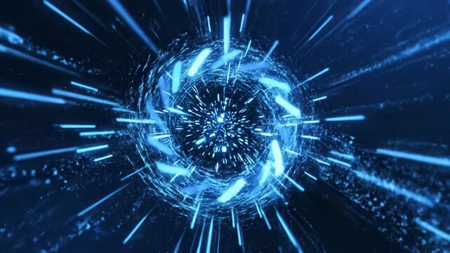 Dynamic blue light arrows transition through a digital vortex, showcasing a continuous flow of energy and movement in a futuristic abstract space