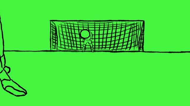 rotoscope animation of football player kick the ball into goal. close back view slow motion green screen background. sketch scribble raw chalk line drawing style