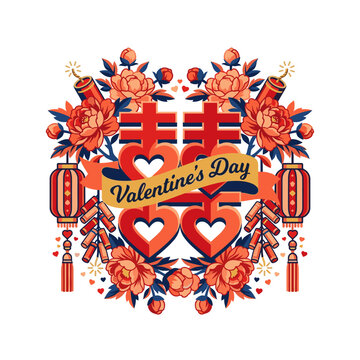 Festive Valentine composition featuring double happiness symbol, blooming peonies, lanterns and firecrackers, joyful East Asian romance design blending wedding symbolism with floral charm