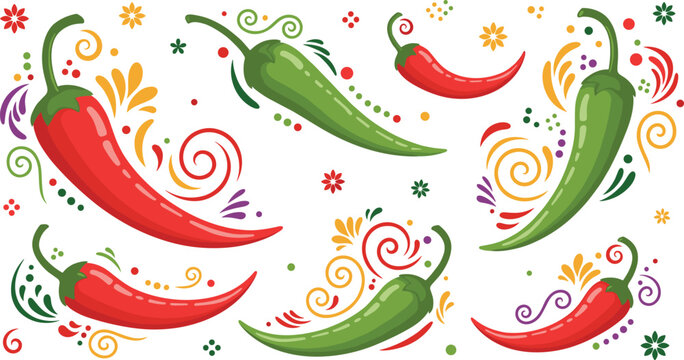 Chili pepper decorative vector set with red and green spicy vegetables, ornamental swirls, floral elements and vibrant abstract composition for food and design