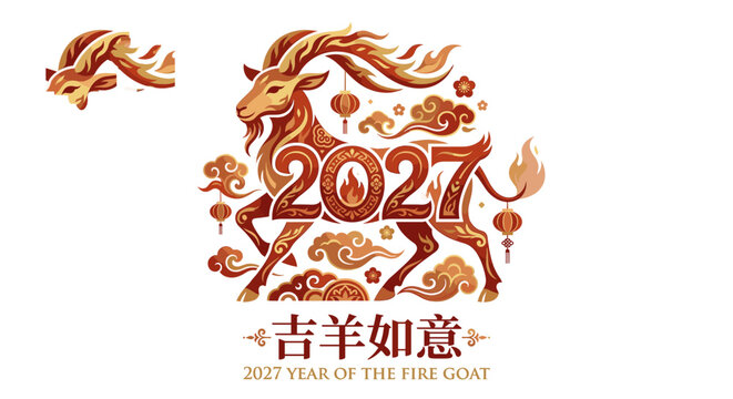 Stylized 2027 Year of the Goat zodiac illustration with fiery goat silhouette, lanterns and auspicious clouds, elegant red orange lunar festival emblem with decorative typography 