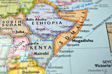 Naklejka premium Godere Ethiopia Macro World Map Defocused Bokeh Background Close Up Geographic Image