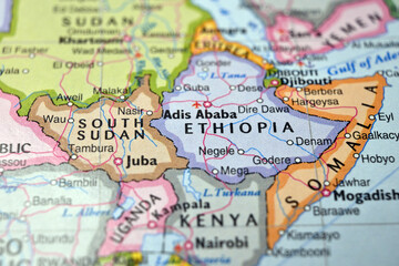 Naklejka premium Addis Ababa Ethiopia Macro World Map Defocused Bokeh Background Close Up Geographic Image