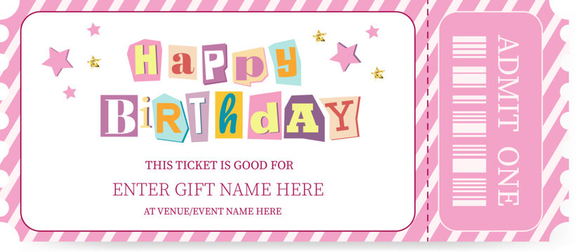 Vector template for a birthday gift coupon. A multicolored ticket with a tear-off QR code for one person.