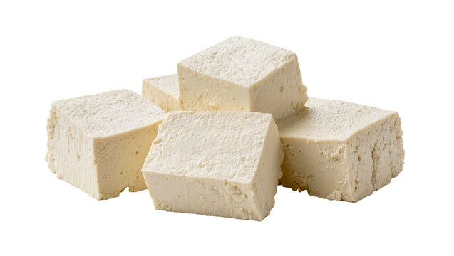 Freshly cut firm tofu cubes, a healthy plant-based protein source, stacked and isolated on a transparent background for culinary designs