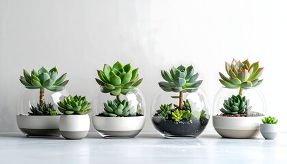 Fototapeta premium Arrangement of various succulent plants in glass terrariums on a light background
