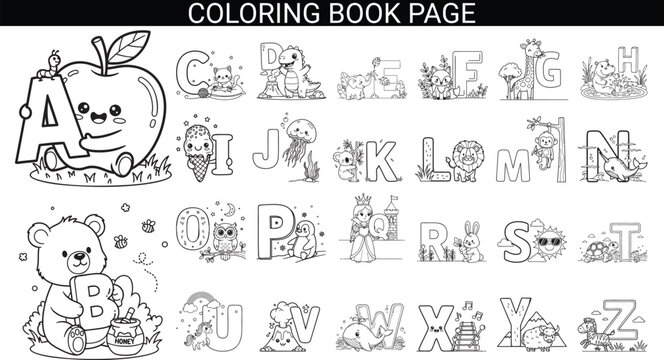 Coloring Book Alphabet Page Featuring Cute Animals and for Each Letter A to Z letters