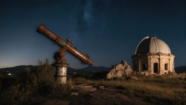 Vintage Telescope and Abandoned Observatory Under a Starry Night Sky.