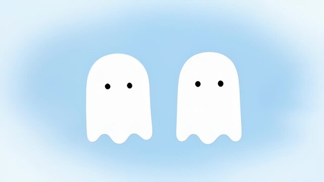 Cute white cartoon ghosts tilting on a blue background