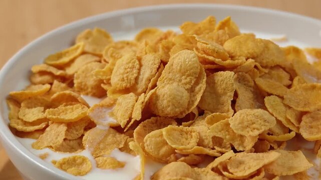 Pour fresh milk into the cornflakes.	