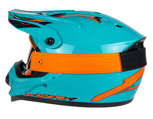 Naklejka premium Turquoise and orange motocross helmet isolated PNG, protective gear for off road racing and extreme sports on transparent background