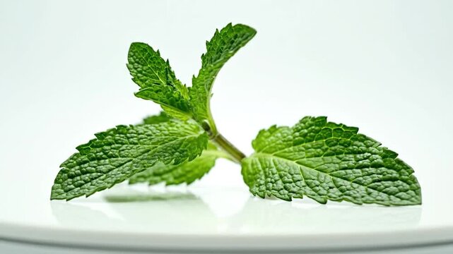 Fresh vibrant green mint leaves resting on a clean white background
