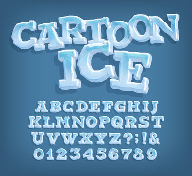 Cartoon Ice alphabet font. Playful 3D ice letters and numbers forming a cool cartoon alphabet font. Vector typeface for eye-catching typography designs.